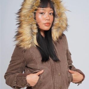 Women's Brown Faux Fur Hooded Bomber Jacket